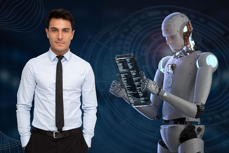 Financial advisor reviewing digital financial data with a client, illustrating the balance between artificial intelligence tools and human financial guidance.