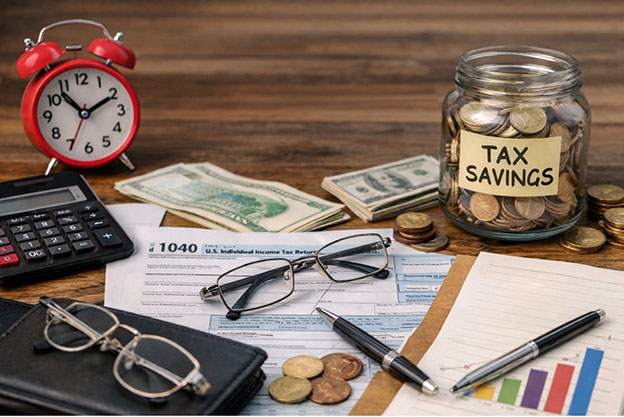 Tax preparation scene with a 1040 form, calculator, cash, coins, and a jar labeled 'Tax Savings.